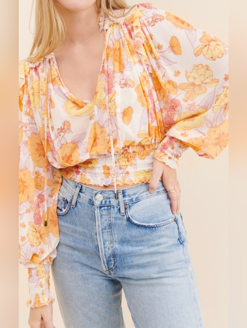 Free People Twilight Ruffle Smocked Hem Top Floral Boho - Size XS